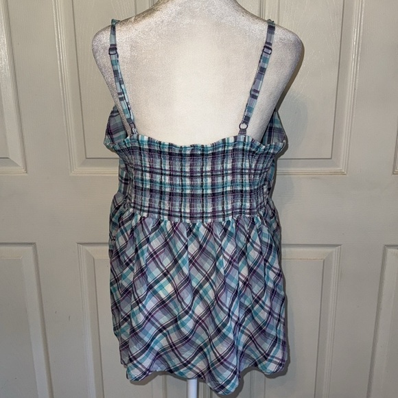 Torrid Turquoise And Purple Plaid Smocked Back Tank Top - Picture 2 of 5